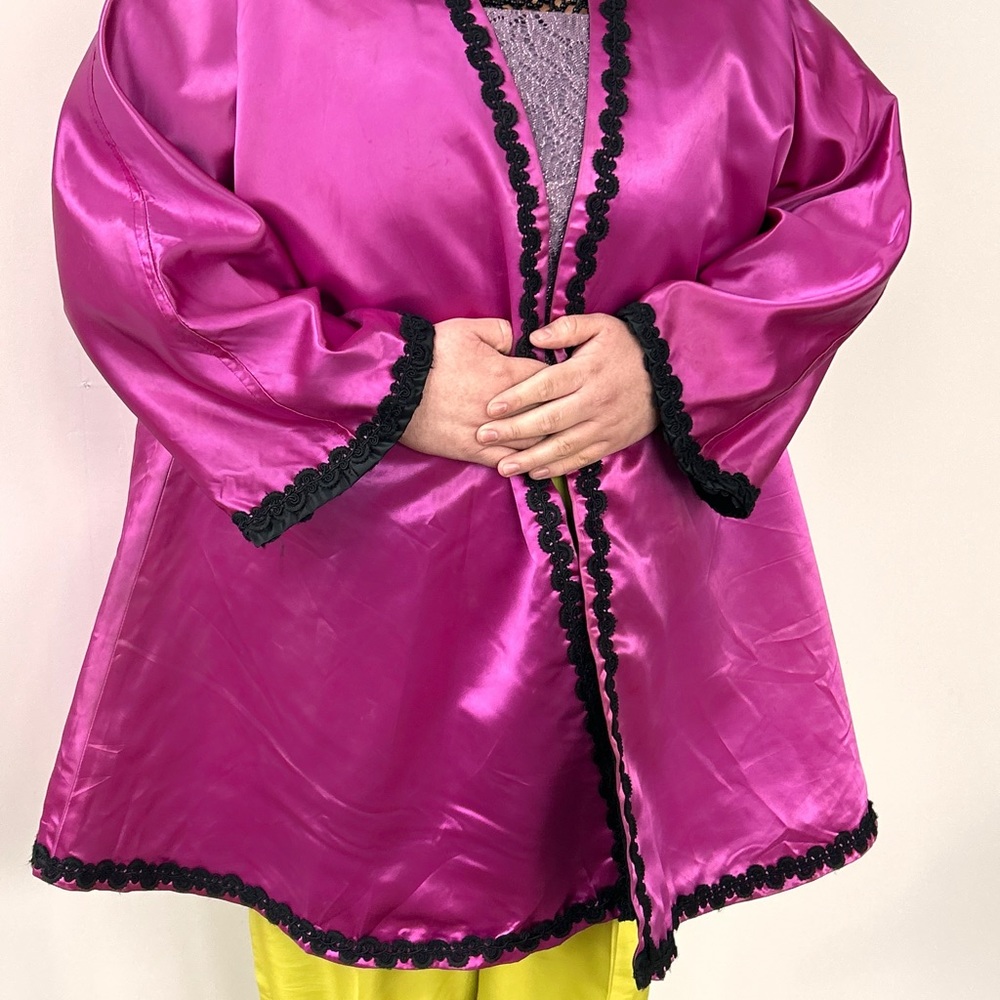 Handmade Purple Satin Black Filigree Trim Theatrical Swing Coat